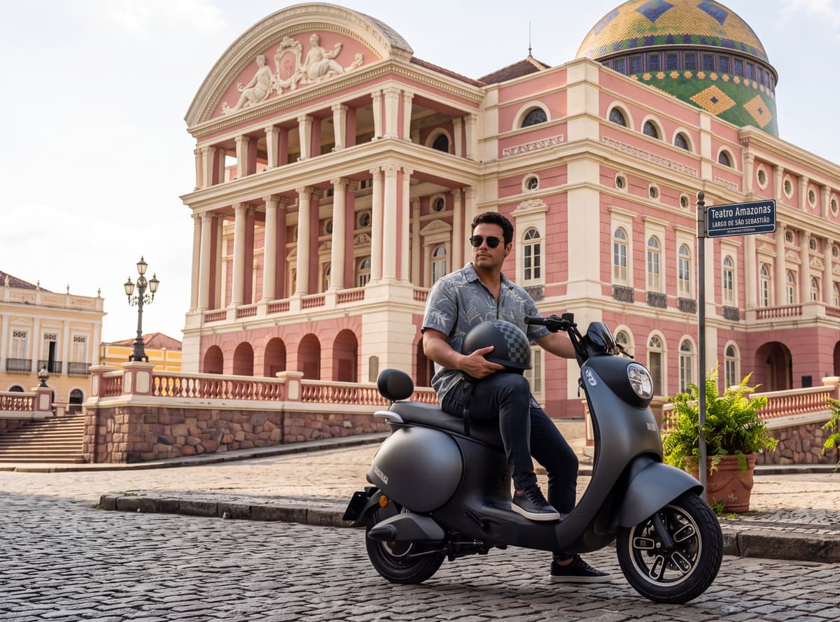 Cliente da Extra Serviços com o veículo alugado em frente ao Teatro Amazonas, em Manaus